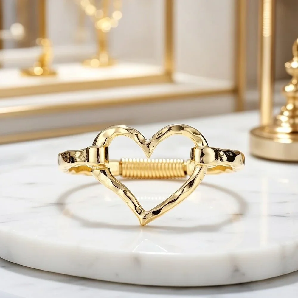 Chunky Gold Hammered Heart Cuff Bracelet Boho Statement Open Heart Bangle